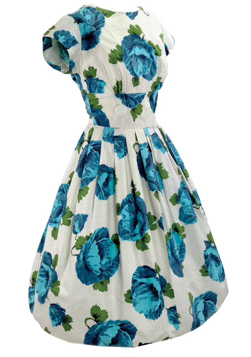 1950's Blue & White Huge Roses Print Cotton Dress - New!