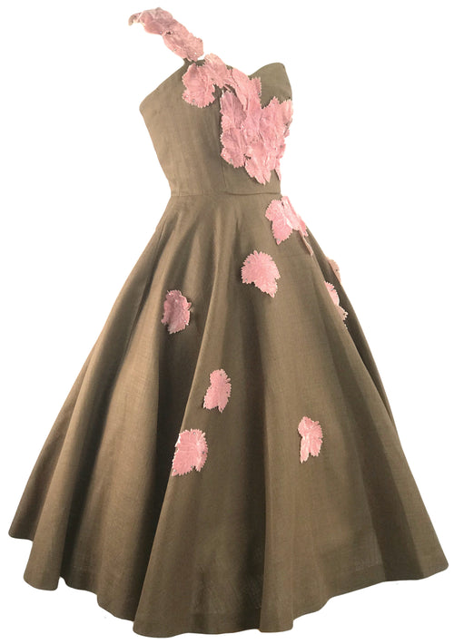 1950s Chocolate Linen and Pink Velvet Applique Dress- New!