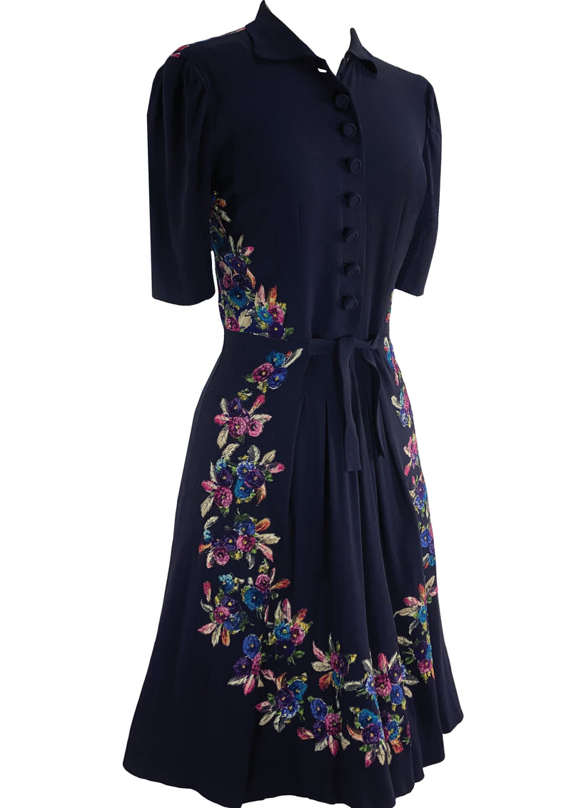 Gorgeous 1940s Navvy Blue Rayon Dress with Appliques - New!