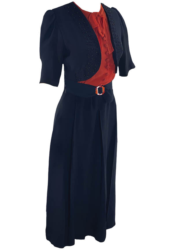 Stunning Late 1930s Navy & Tangerine Dress- New!