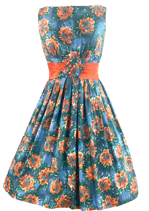 Vintage Late 1950s Blue and Tangerine Floral Cotton Dress - NEW!