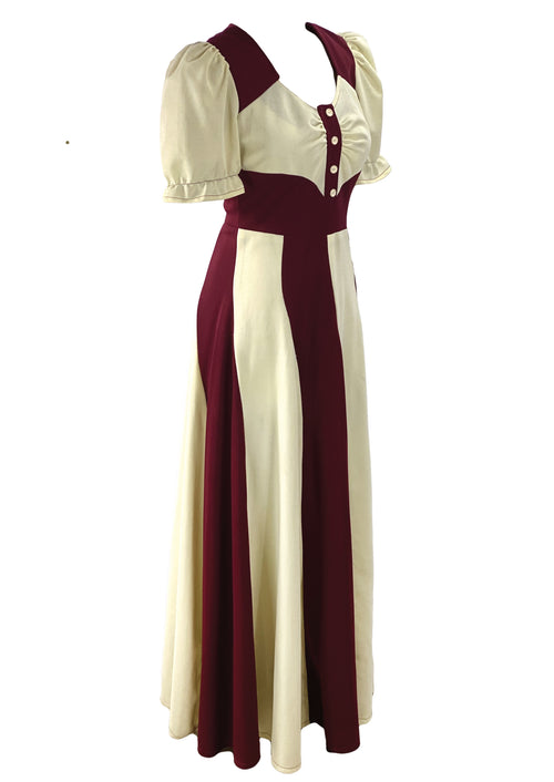 Vintage 1970s Burgundy & Cream Colour Block Maxi Dress - NEW!