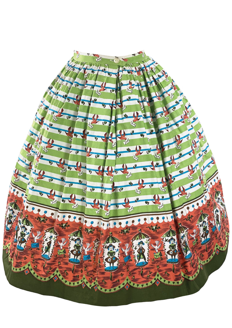 Vintage 1950s Green Novelty Cotton Border Print Skirt - New!