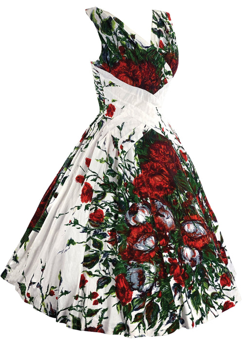 Late 1950s Spectacular Red Floral Print Designer Dress- New!