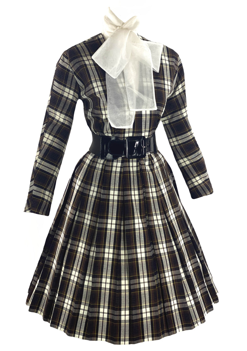 Late 1950s to Early 1960s Brown Plaid Cotton Dress- New!