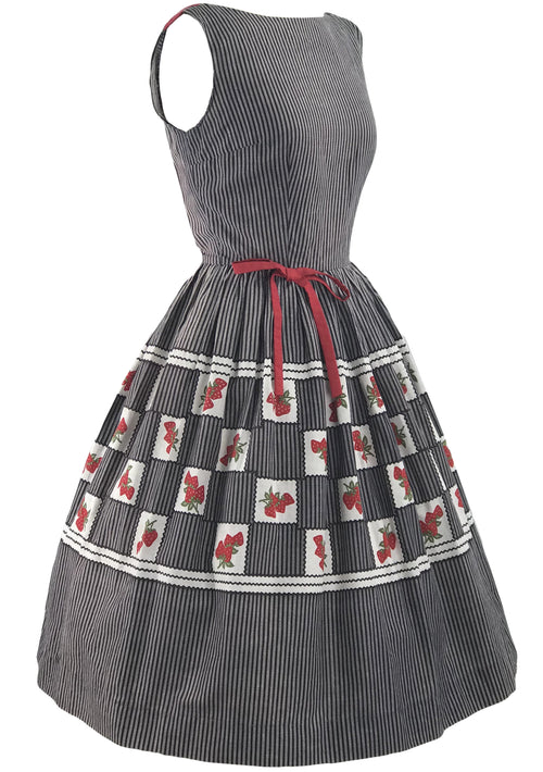 1950s Black & Grey Stripe Dress with Strawberry Border- New!