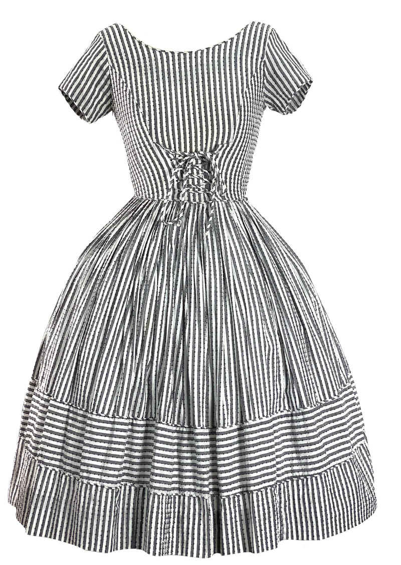 Late 1950s Early 1960s White and Charcoal Stripes Dress- New!