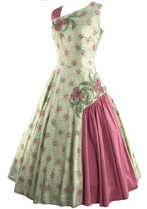 Amazing 1950s Pink Floral Applique Cotton Dress- New!