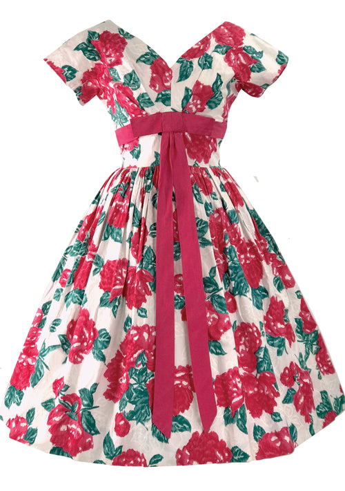 Vintage 1950s Large Magenta Roses Cotton Dress - New!