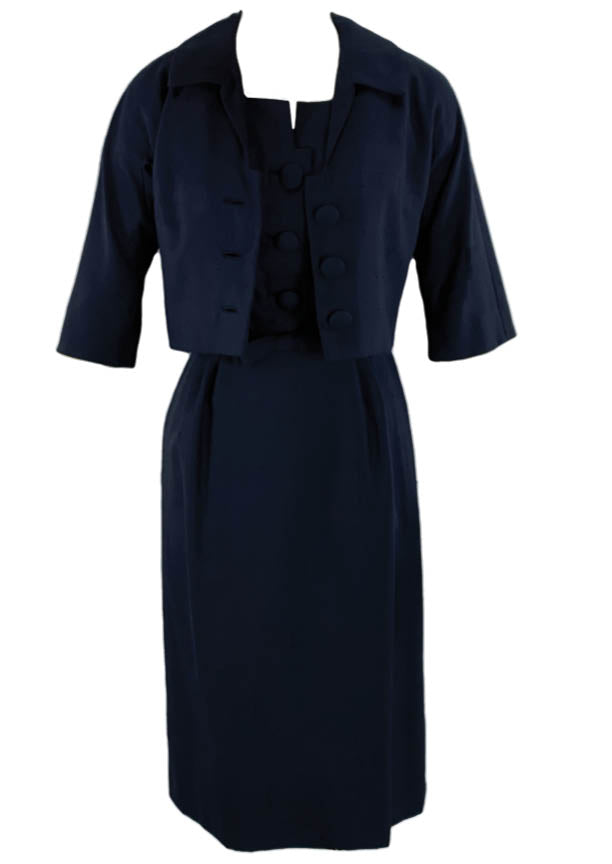 1950s Designer Navy Blue Silk Ensemble - New!