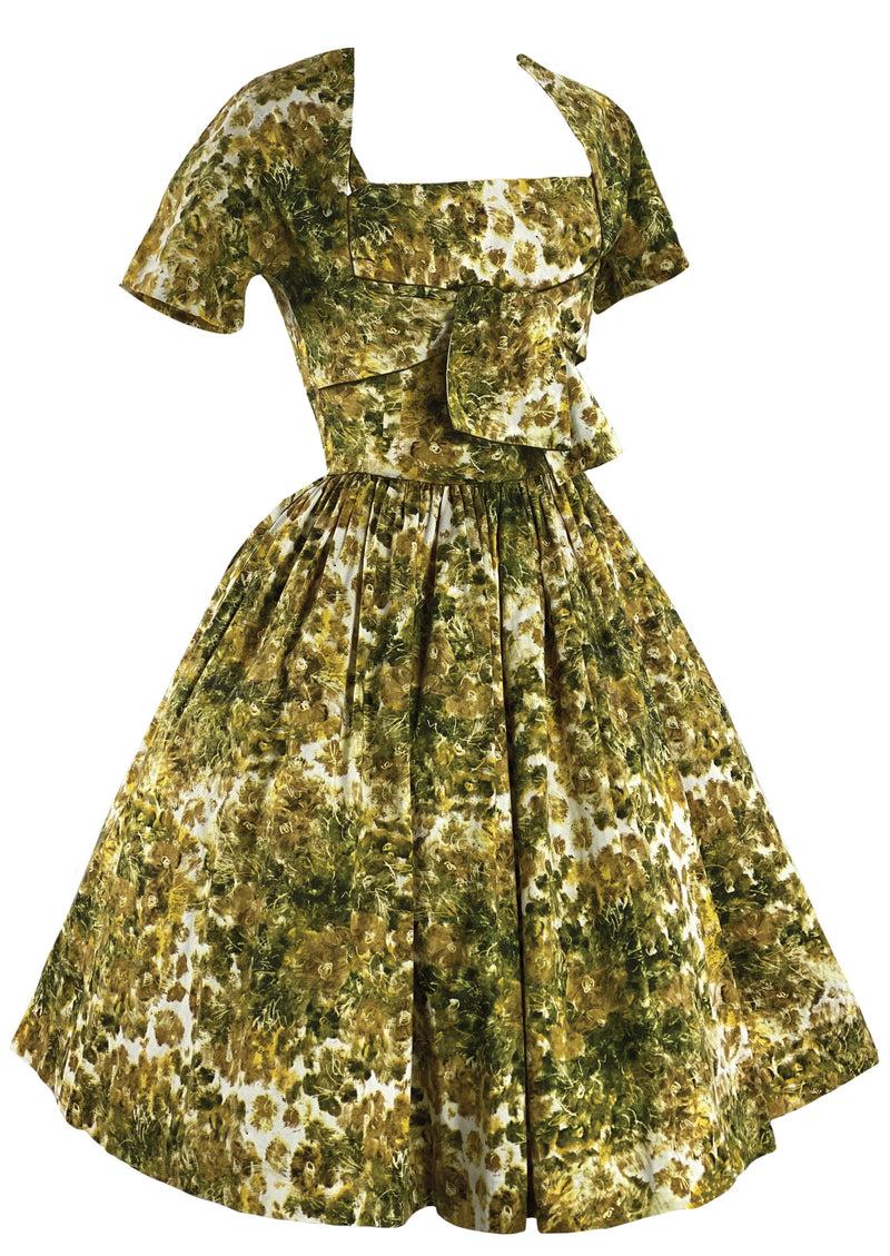 Late 1950s Early 1960s Green & Gold Floral Dress- New!