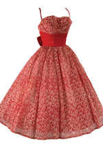 Vintage 1950s Red & White Flocked Party Dress - New!