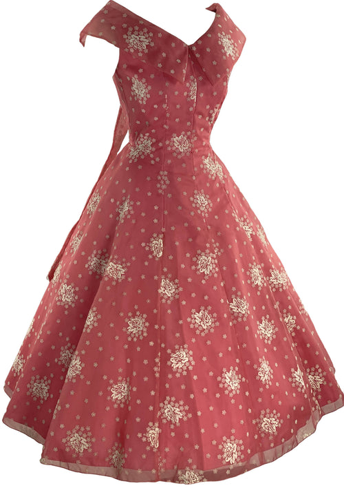 Stunning 1950s Coral Pink Flocked Nylon Dress- New!