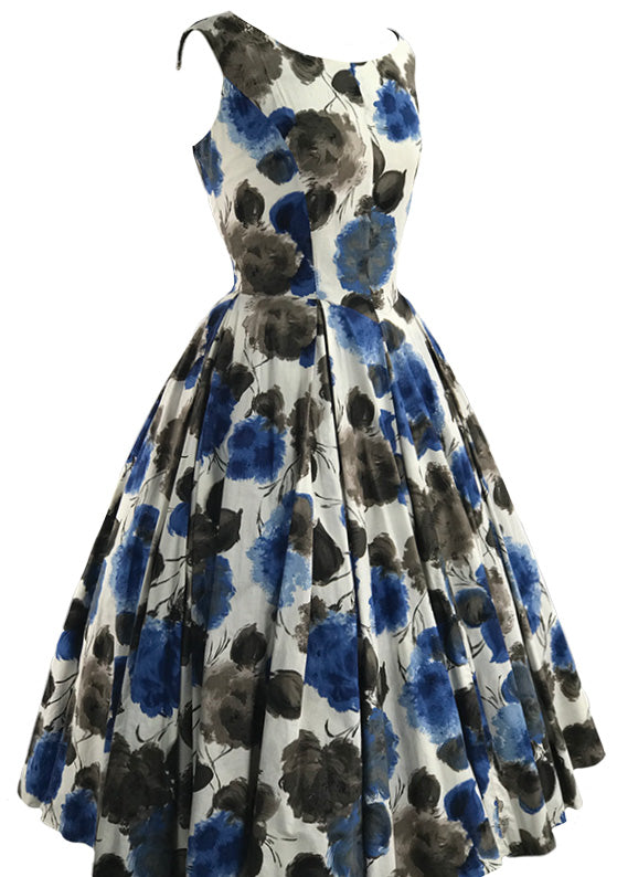 Vintage 1950s Muted Blue Roses Cotton Dress - New!