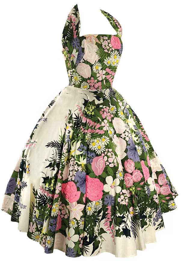 Vintage 1950s Floral Garden Halter Cotton Dress- New!