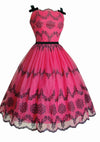 1950's Fuchsia Flocked Floral Chiffon Dress- New