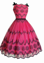 1950's Fuchsia Flocked Floral Chiffon Dress- New