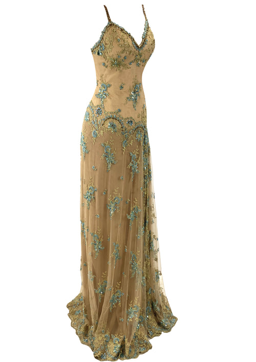 Late 1990s Versace Versus Beaded Nude Silk Georgette Gown - New!