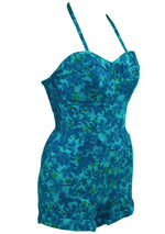 Mid 1950s Blue Floral Cotton Swimsuit/Playsuit- New!