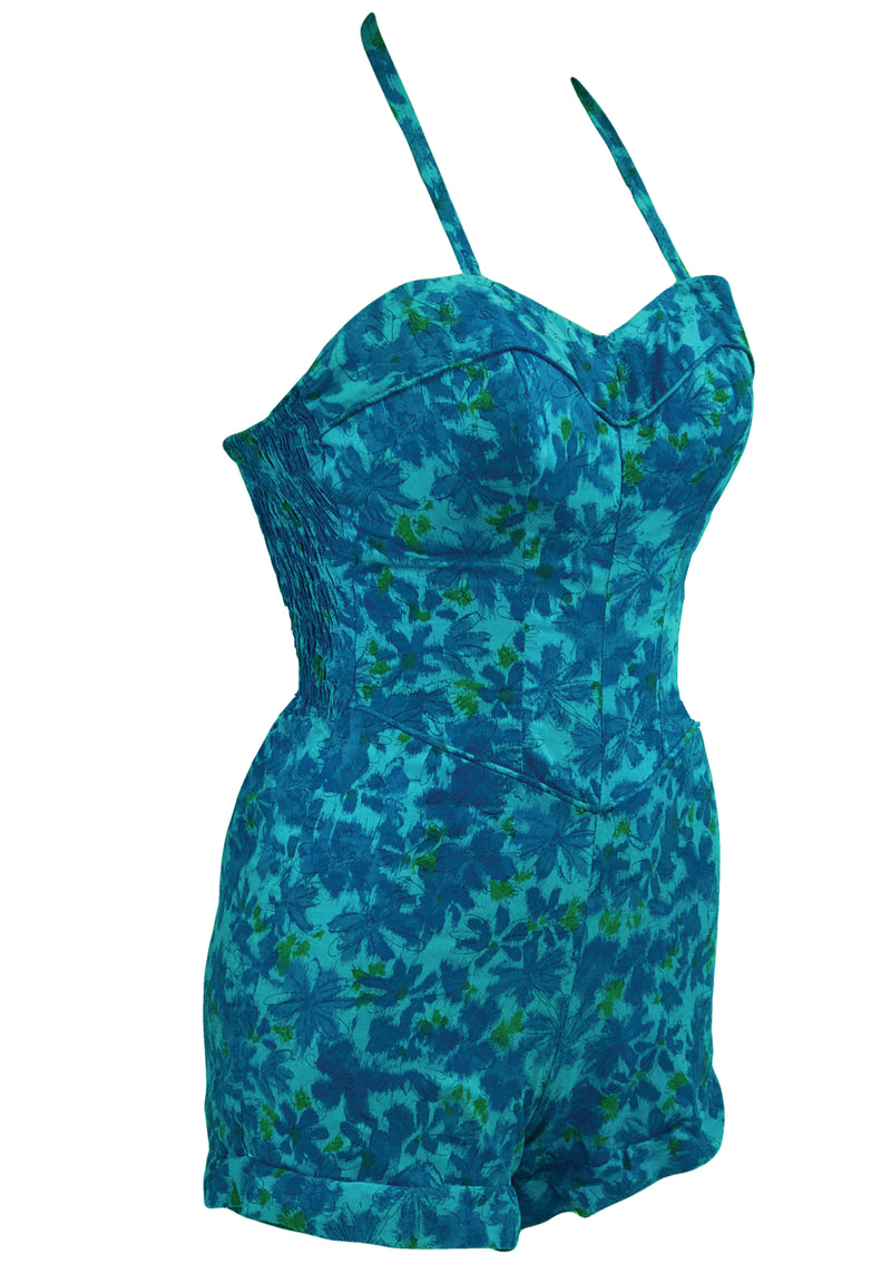 Mid 1950s Blue Floral Cotton Swimsuit/Playsuit- New!