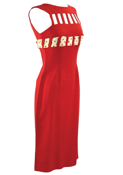 1950s Red Wiggle Dress with Birdcage Neckline - New!