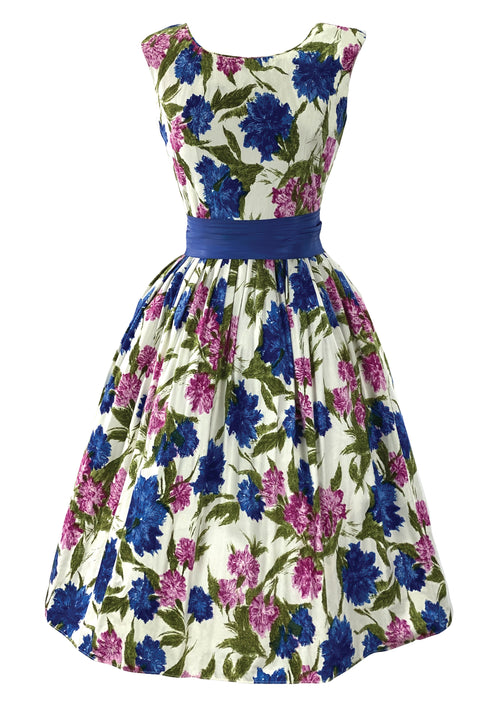 1950s Purple and Blue Carnations Cotton Dress  - New!