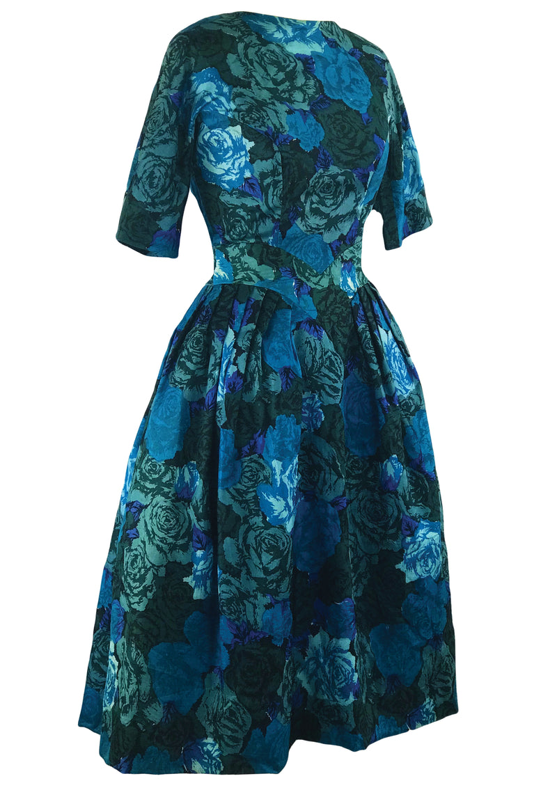 Late 1950s Early 1960s Blue Roses Designer Dress- New!