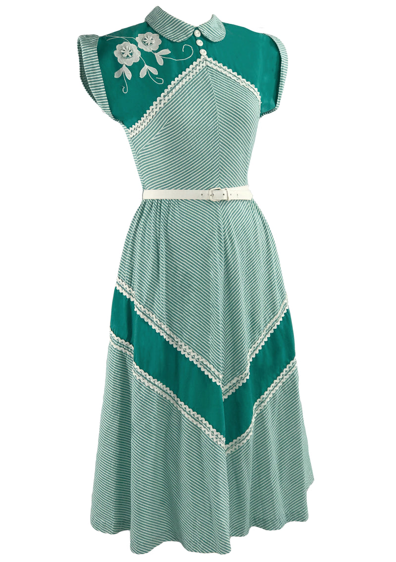 1940s Green & White Chevron Stripe Dress with Applique - New!