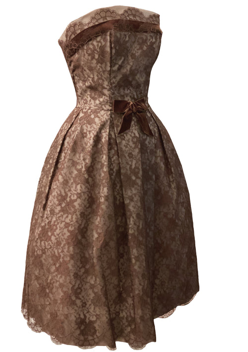 Late 1950s Mocha Lace Emma Domb Designer Party Dress - New!