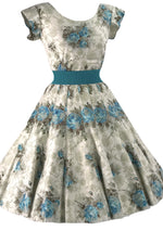 Lovely 1950s Blue Roses Taupe Embroidered Cotton Dress Set - New!