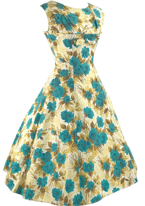 Lovely 1950s Turquoise Roses Cotton Dress- New!