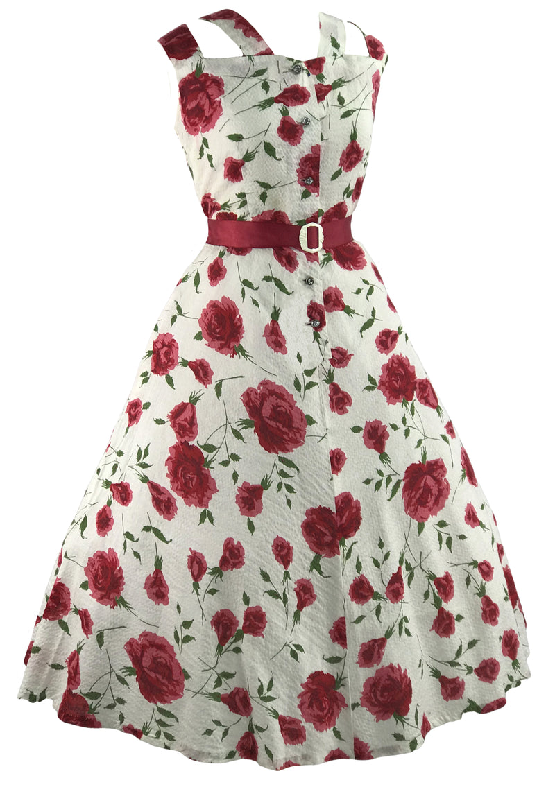 Gorgeous 1950s Magenta Roses Seersucker Cotton Sundress - New!