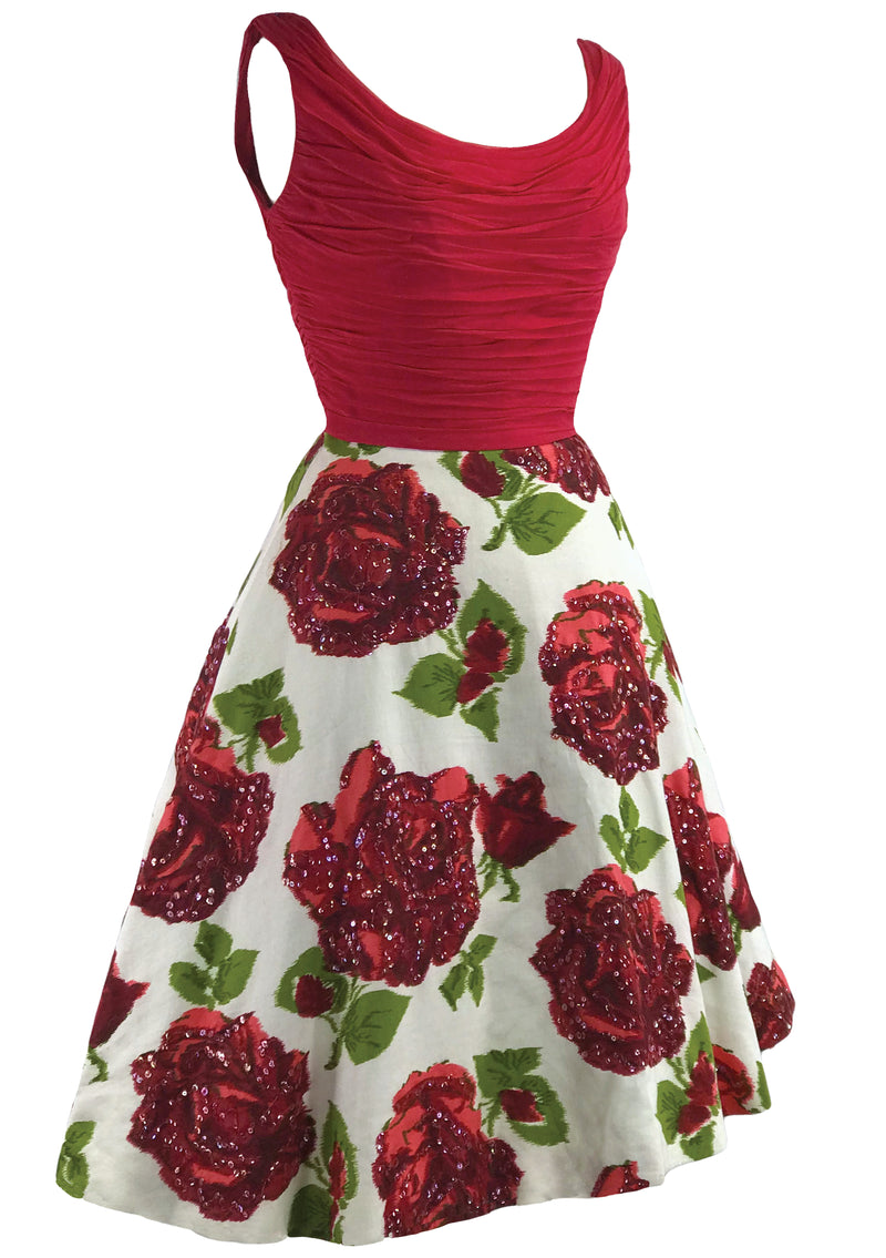 1950s Red Roses Cotton & Chiffon Dress With Sequins- New!