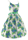 Vintage 1950s Blue Green Geranium Sprays Cotton Dress - New!