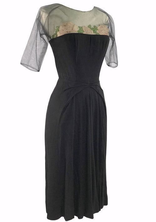 Rare 1940s Black Rayon Couture Dress with Embroidered Roses - New!