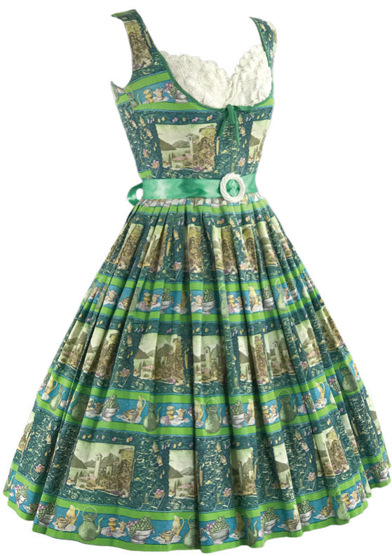 Late 1950s Scenic French Novelty Print Cotton Dress- New!