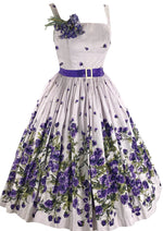 Stunning 1950s Purple Violets Border Print Dress- New!