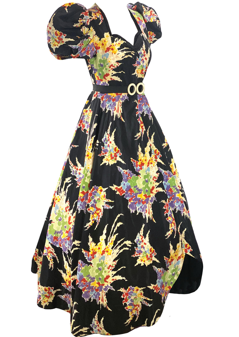 Vintage Early 1940s Colourful Abstract Bouquets Maxi Gown - New!