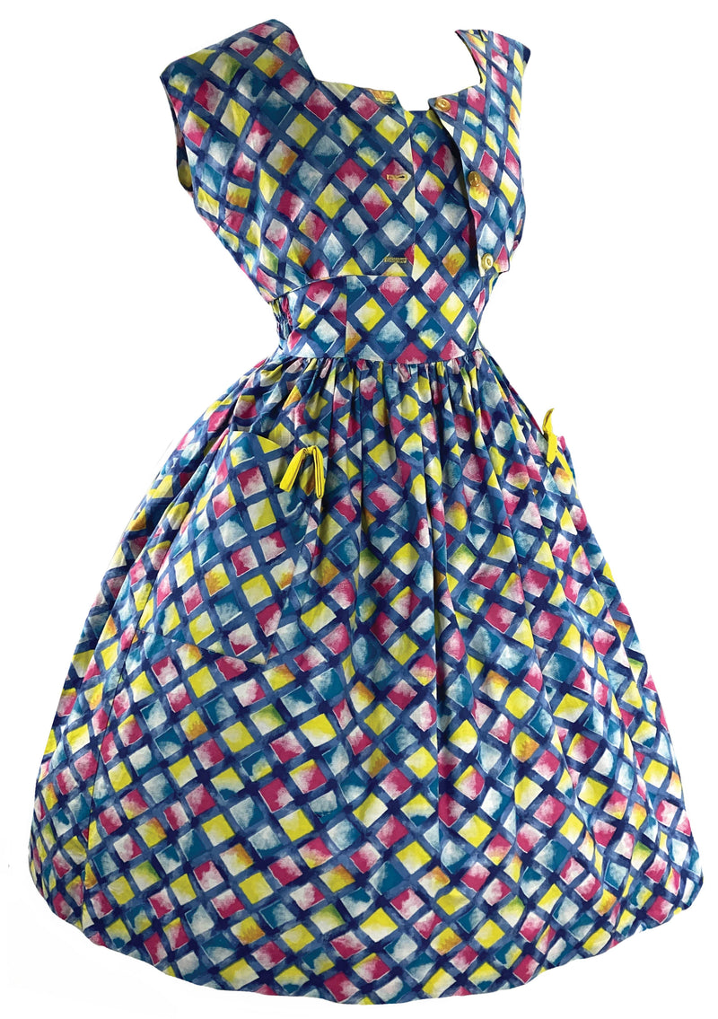 Early 1960s Harlequin Print Cotton Sundress & Bolero- New!