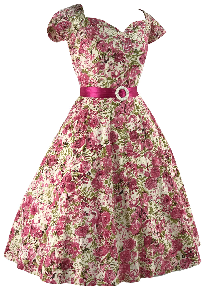 1950s Pink Roses with Sequins Cotton Dress- New!