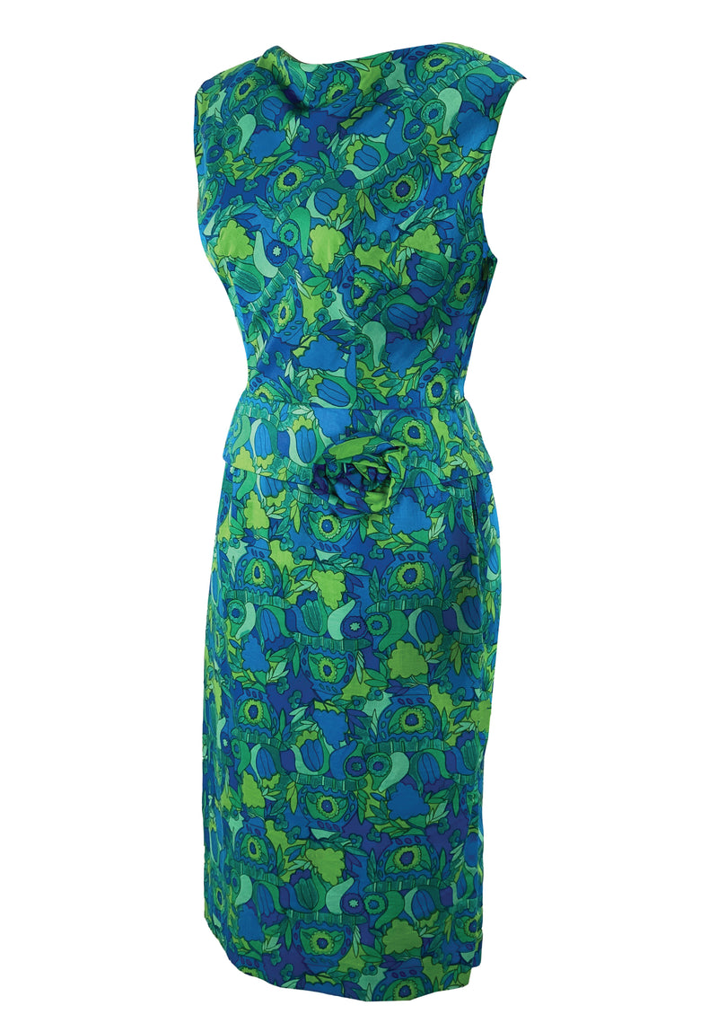 Early 1960s Blue and Green Abstract Print Silk Dress - NEW!