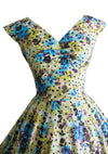 1950s Blue & Yellow Roses Cotton Dress with Flocking - New!