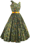 Beautiful 1950s Olive Green Floral Cotton Dress- New!