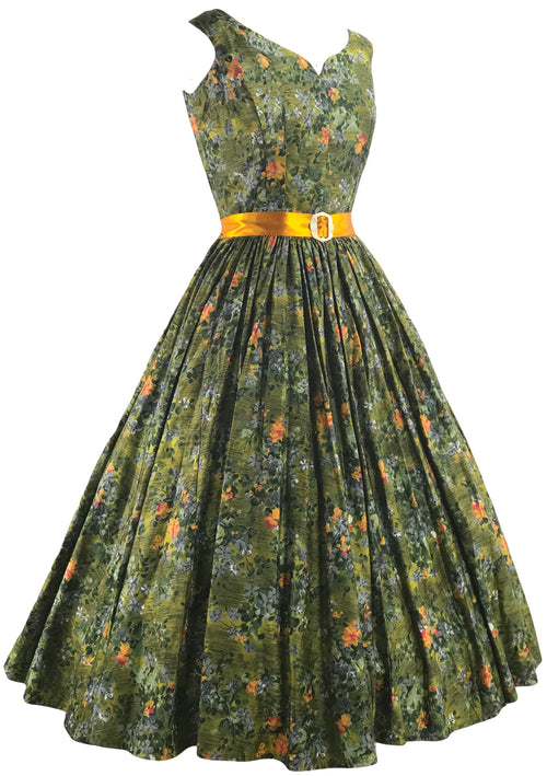 Beautiful 1950s Olive Green Floral Cotton Dress- New!