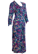 1940s Muted Blue and Purple Floral Rayon Jersey Dress - New!