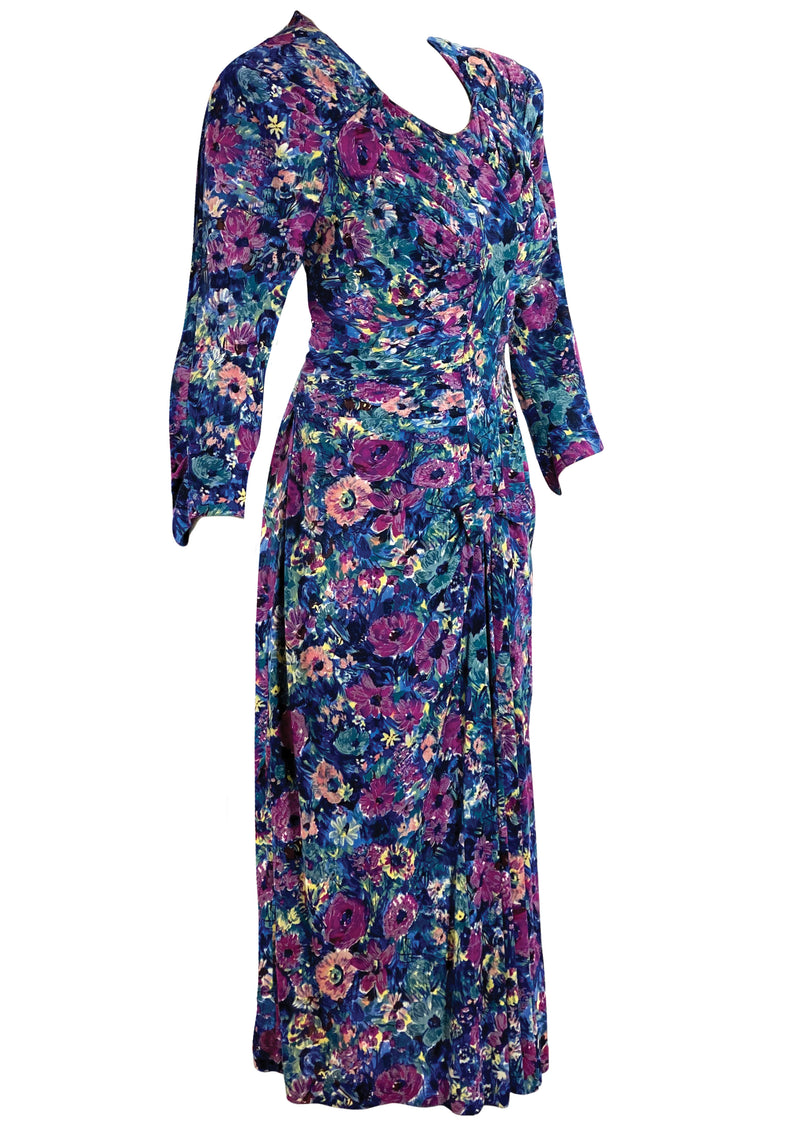 1940s Muted Blue and Purple Floral Rayon Jersey Dress - New!