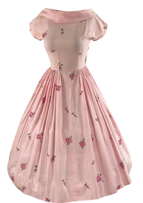 Vintage Late  1950s Pink Gingham Dress with Roses - NEW!