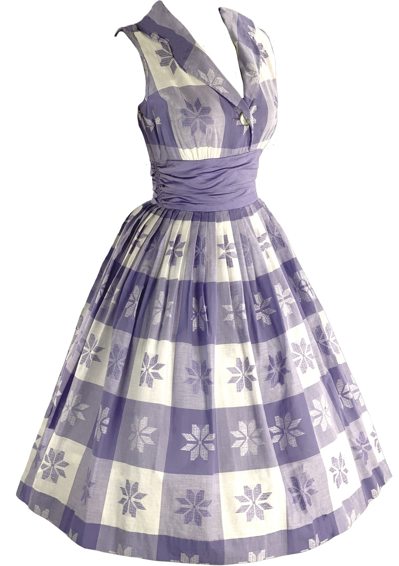 Vintage 1950s Lavender and White Floral Check Dress- New!