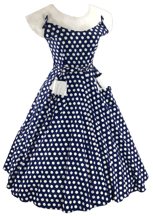 Striking 1950s Blue and White Polka Dot Cotton Dress- New!