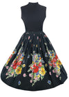 Beautiful 1950s Colourful Floral Black Cotton Skirt - New!